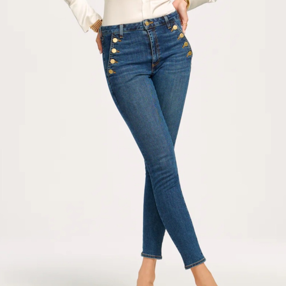 Ramy Brook High-Rise Skinny Jeans in Medium Blue with Gold Buttons